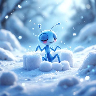 The primary subject of the image is a small blue insect, possibly a grasshopper or a beetle, sitting on a pile of snow. The setting is a snowy environment, with the insect surrounded by a few snowballs. The visual style of the image is digital art, as it appears to be a computer-generated or digitally rendered illustration. The colors and mood of the image are predominantly blue and cold, with the blue insect standing out against the white snow.